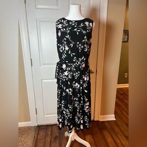 Anne Klein Midi Dress Black Pink Floral Sleeveless Belted Back Zip Stretch READ